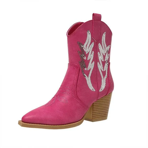 Women's Fashionable Sequined Chunky Heel Short Boots 63637550S