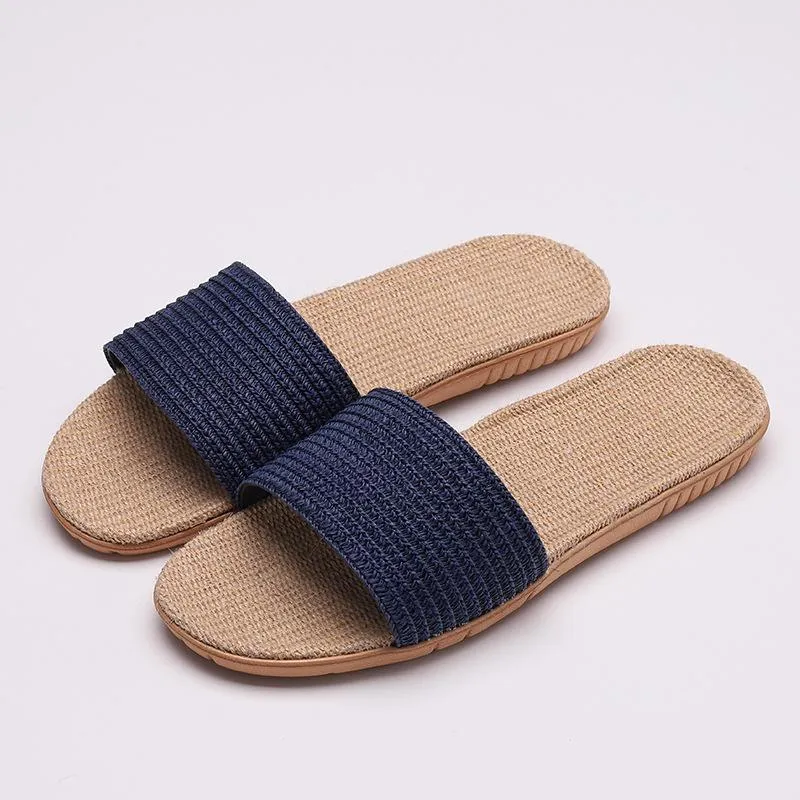 Women's flat flax linen indoor slides non-slip