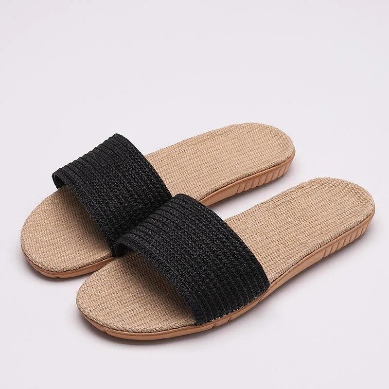 Women's flat flax linen indoor slides non-slip