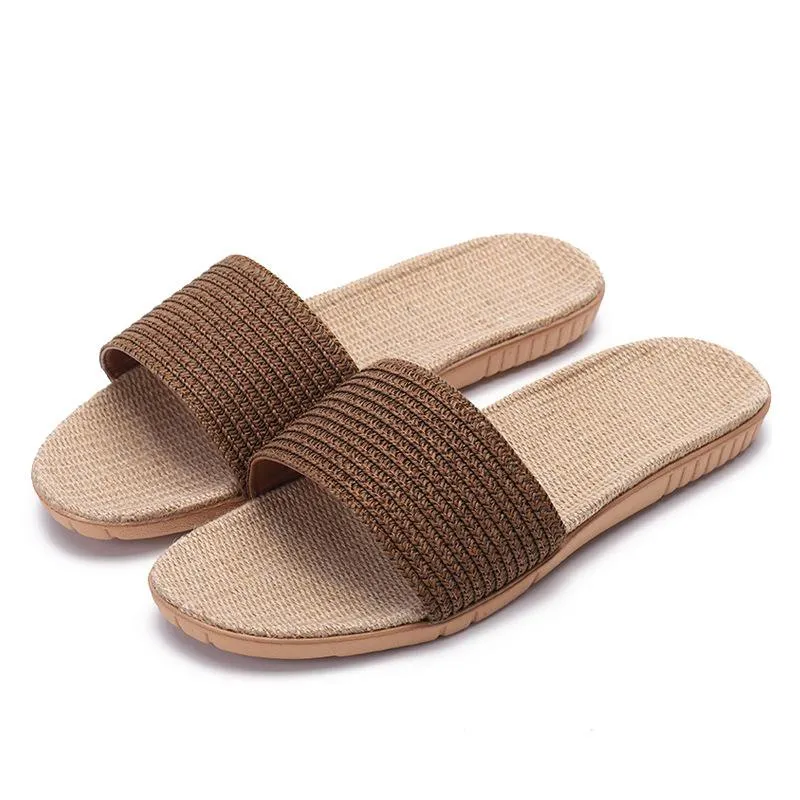 Women's flat flax linen indoor slides non-slip