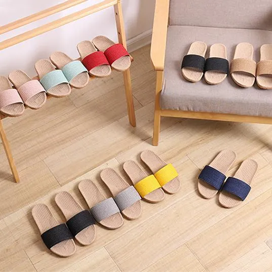 Women's flat flax linen indoor slides non-slip