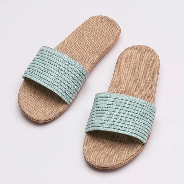 Women's flat flax linen indoor slides non-slip