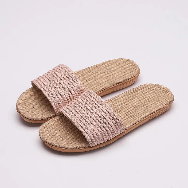 Women's flat flax linen indoor slides non-slip