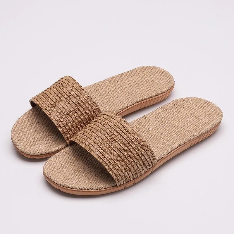 Women's flat flax linen indoor slides non-slip