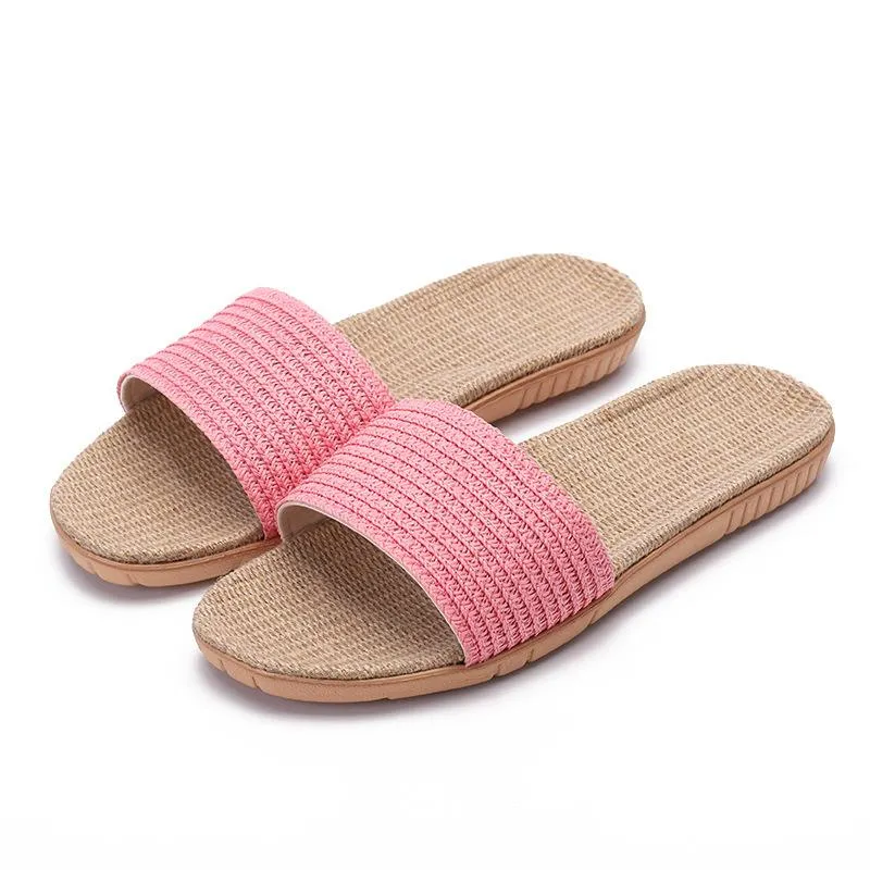 Women's flat flax linen indoor slides non-slip