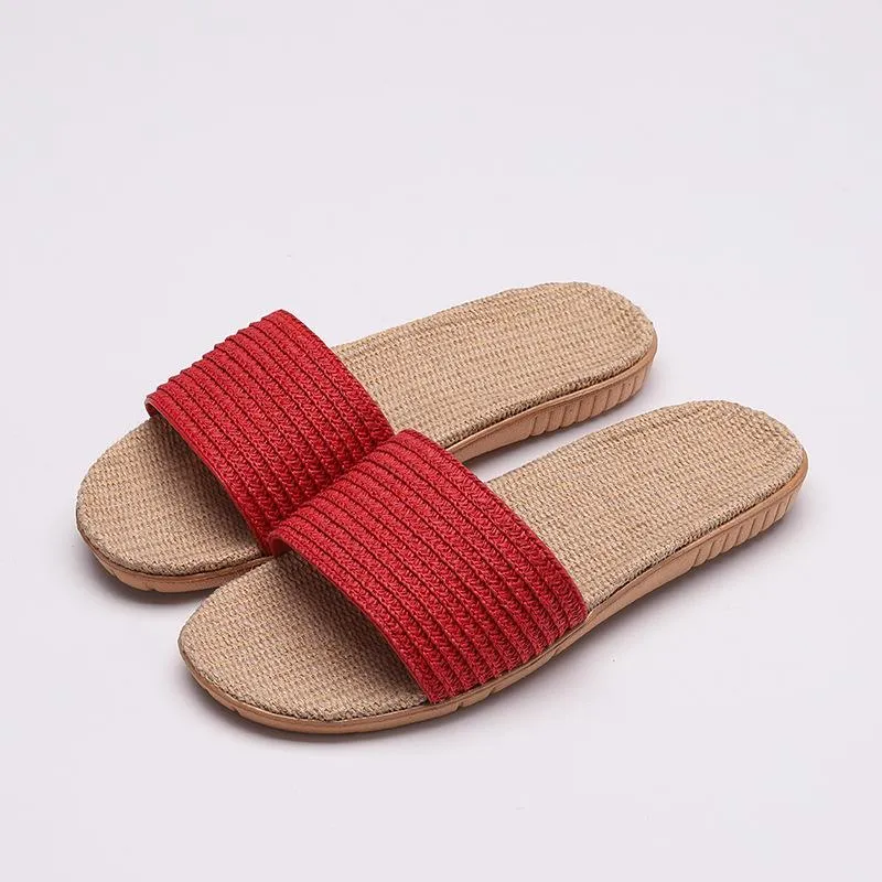 Women's flat flax linen indoor slides non-slip