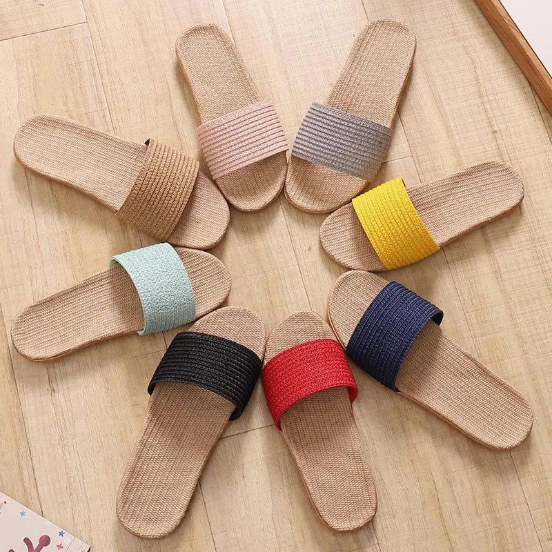 Women's flat flax linen indoor slides non-slip