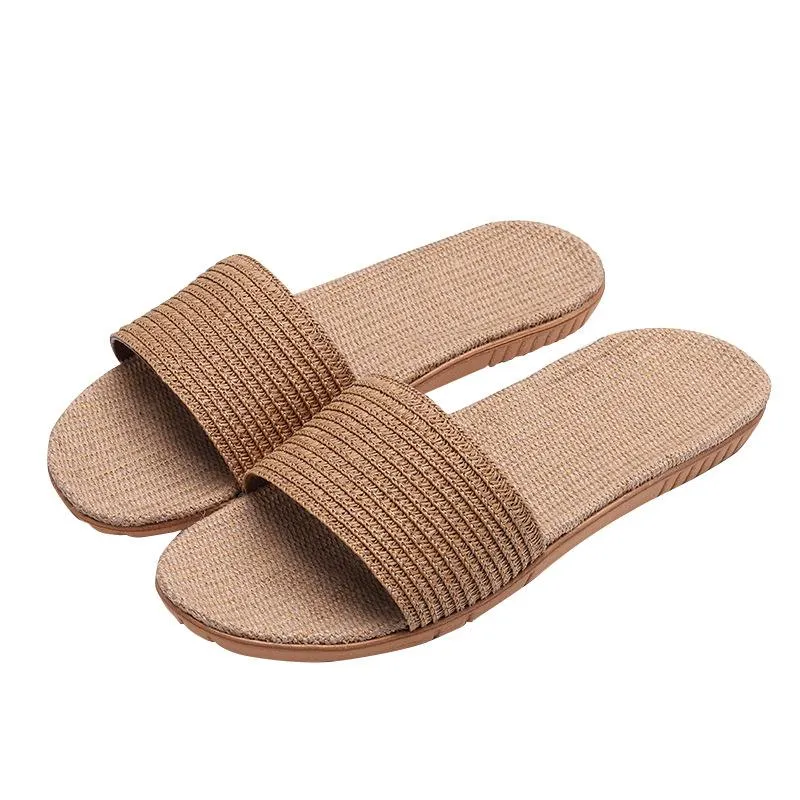 Women's flat flax linen indoor slides non-slip