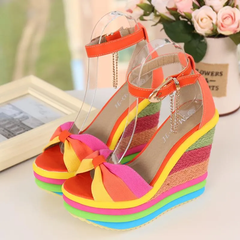 Women's rainbow bowknot peep toe platform wedge ankle strap buckle sandals