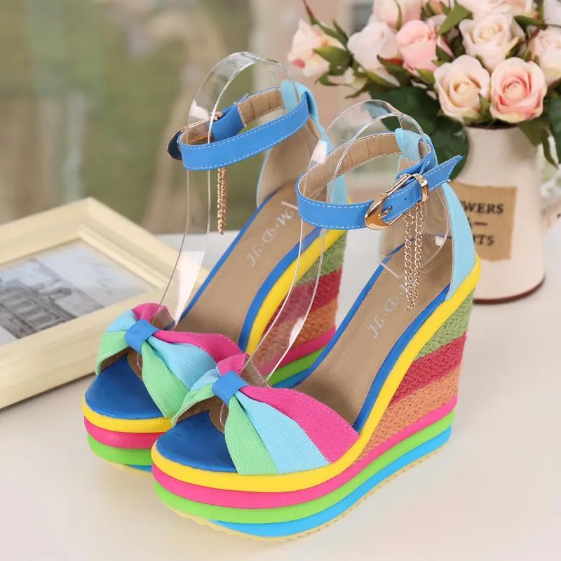 Women's rainbow bowknot peep toe platform wedge ankle strap buckle sandals