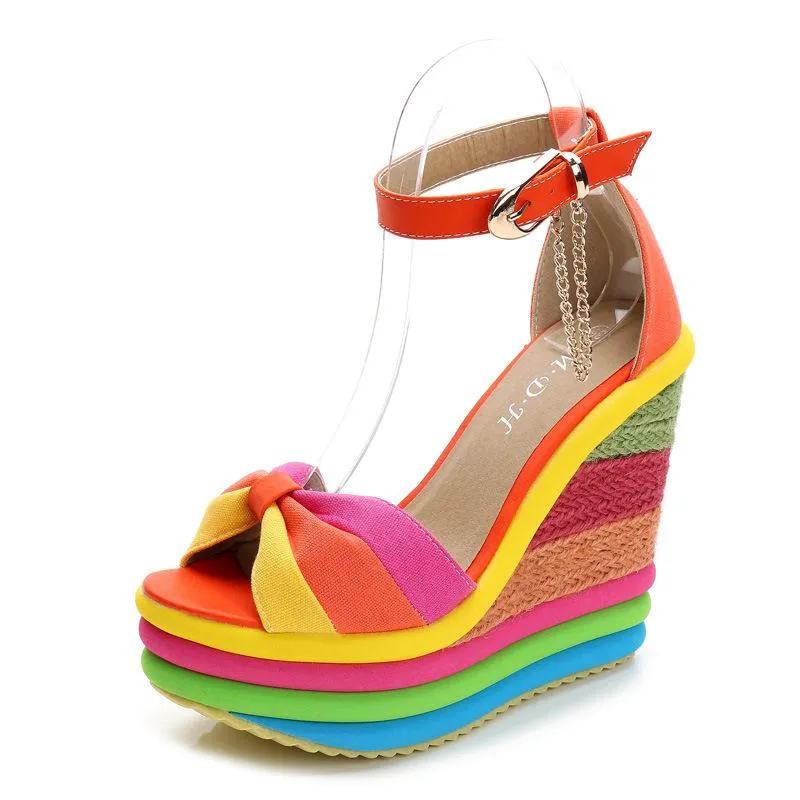 Women's rainbow bowknot peep toe platform wedge ankle strap buckle sandals