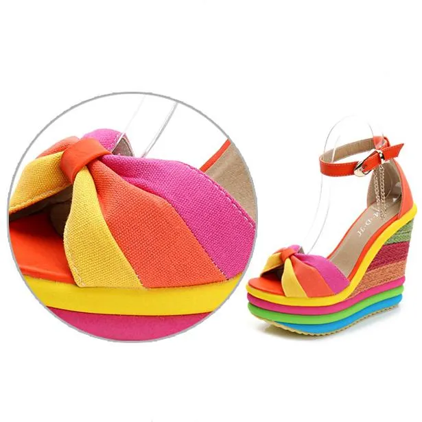 Women's rainbow bowknot peep toe platform wedge ankle strap buckle sandals