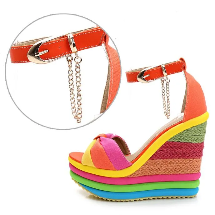 Women's rainbow bowknot peep toe platform wedge ankle strap buckle sandals