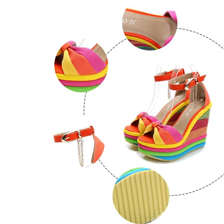 Women's rainbow bowknot peep toe platform wedge ankle strap buckle sandals