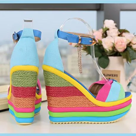 Women's rainbow bowknot peep toe platform wedge ankle strap buckle sandals