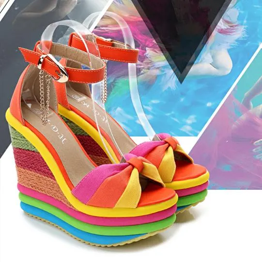 Women's rainbow bowknot peep toe platform wedge ankle strap buckle sandals