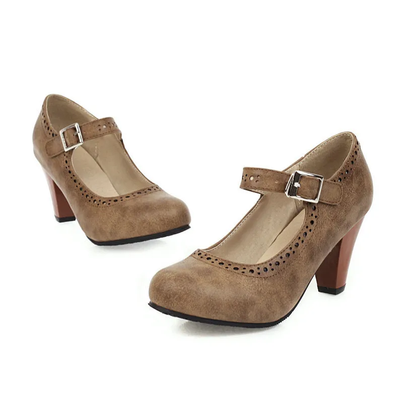 Women's retro brogue marry jane shoes chunky high heels round toe oxfords dress shoes