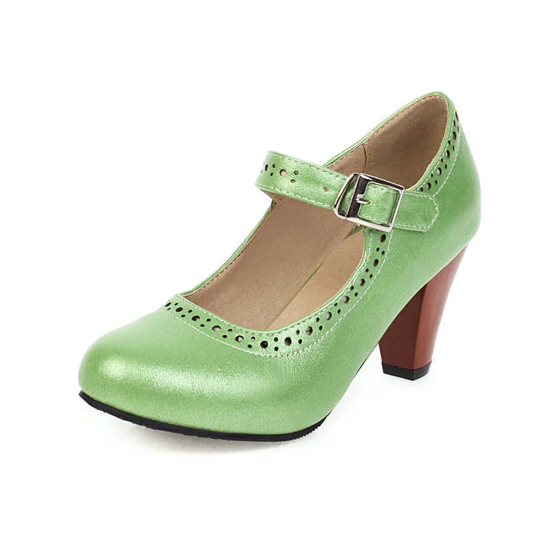 Women's retro brogue marry jane shoes chunky high heels round toe oxfords dress shoes