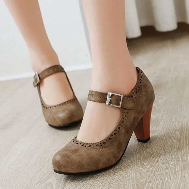 Women's retro brogue marry jane shoes chunky high heels round toe oxfords dress shoes