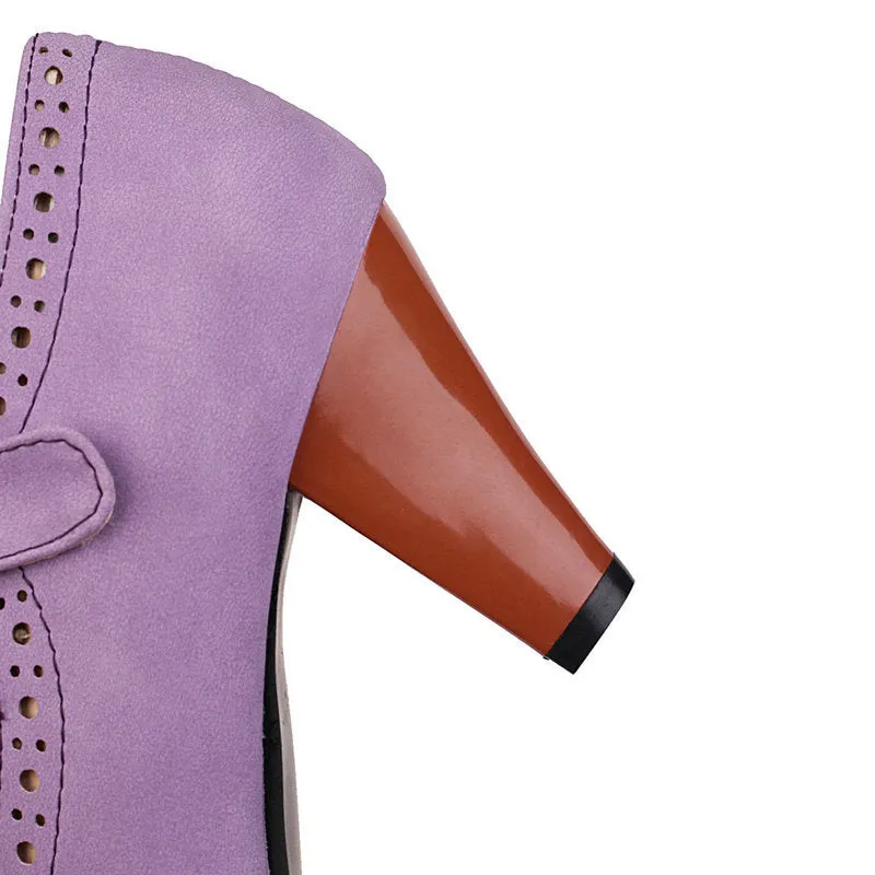 Women's retro brogue marry jane shoes chunky high heels round toe oxfords dress shoes