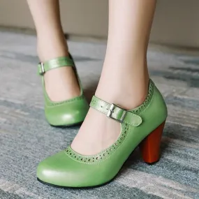 Women's retro brogue marry jane shoes chunky high heels round toe oxfords dress shoes