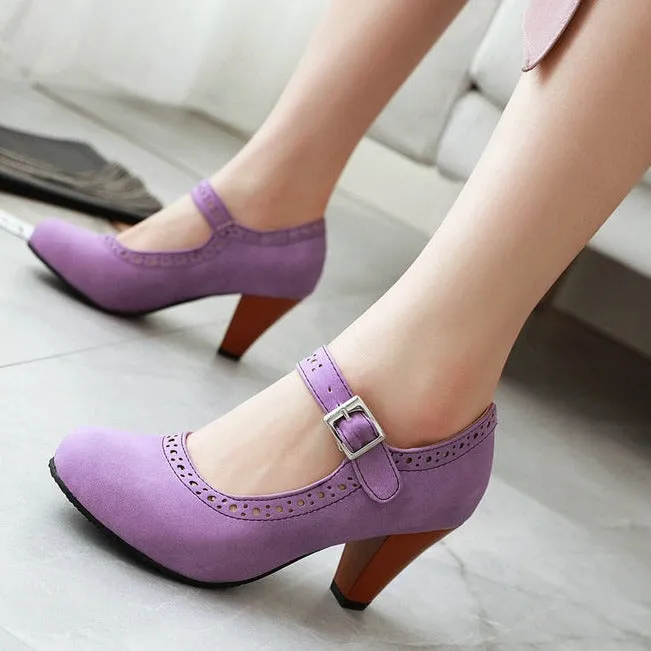 Women's retro brogue marry jane shoes chunky high heels round toe oxfords dress shoes