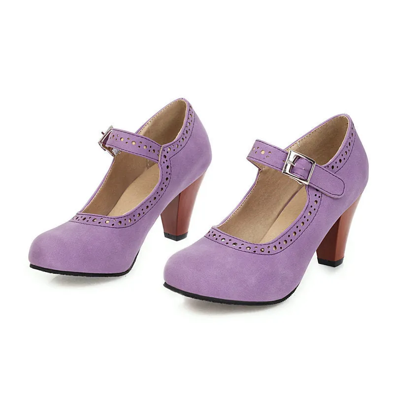 Women's retro brogue marry jane shoes chunky high heels round toe oxfords dress shoes