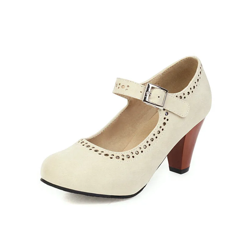Women's retro brogue marry jane shoes chunky high heels round toe oxfords dress shoes