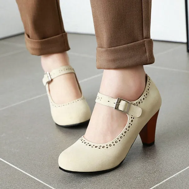 Women's retro brogue marry jane shoes chunky high heels round toe oxfords dress shoes