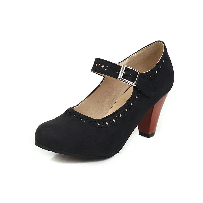 Women's retro brogue marry jane shoes chunky high heels round toe oxfords dress shoes