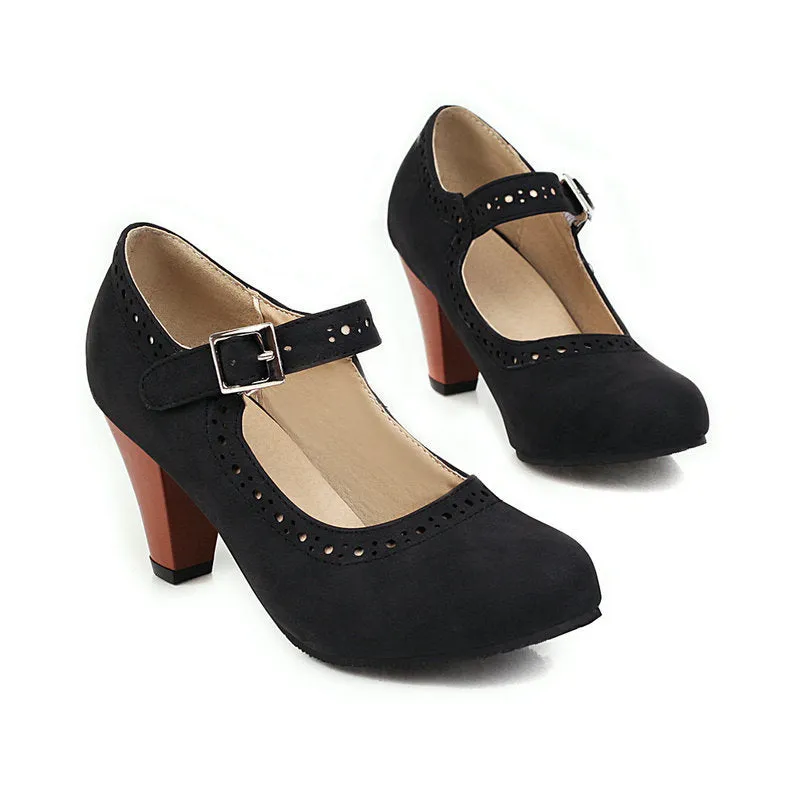 Women's retro brogue marry jane shoes chunky high heels round toe oxfords dress shoes