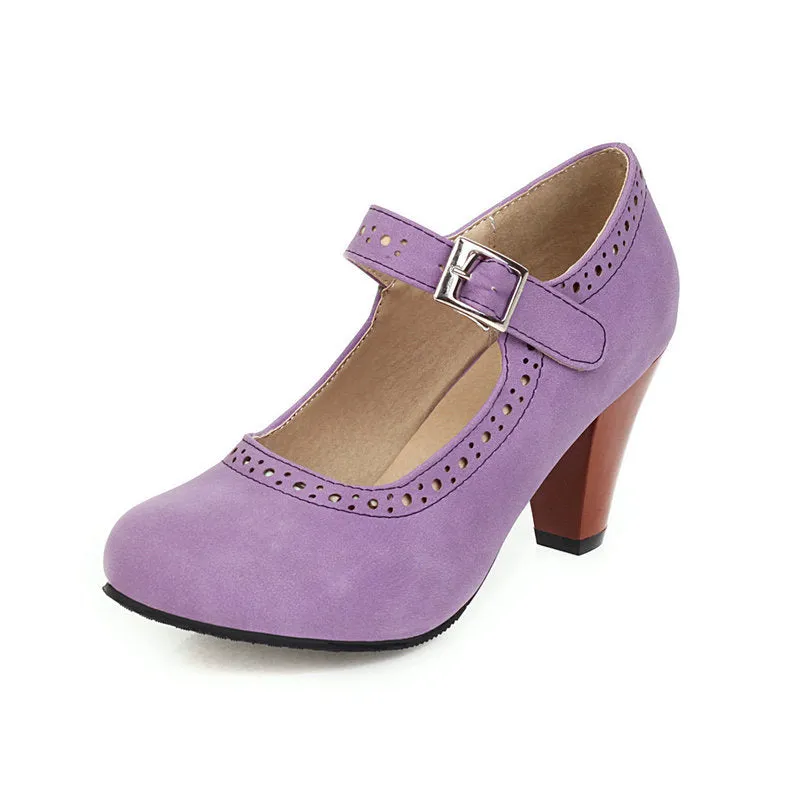 Women's retro brogue marry jane shoes chunky high heels round toe oxfords dress shoes