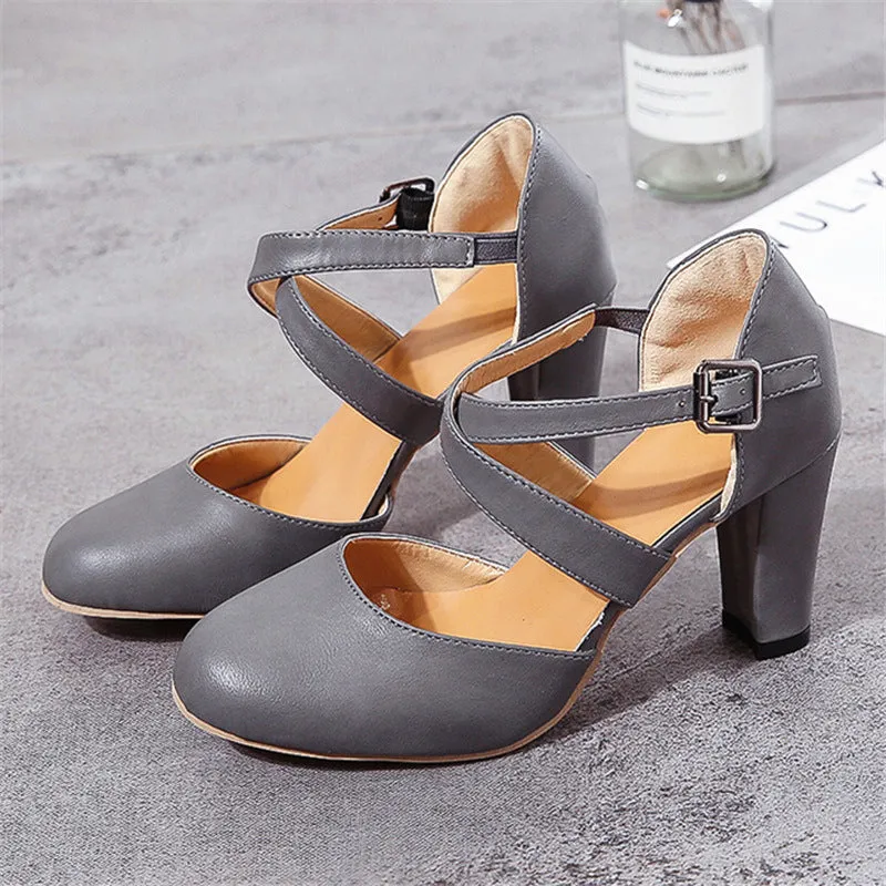 Women's round toe ankle criss cross strap chunky pumps summer cloded toe chunky high heels