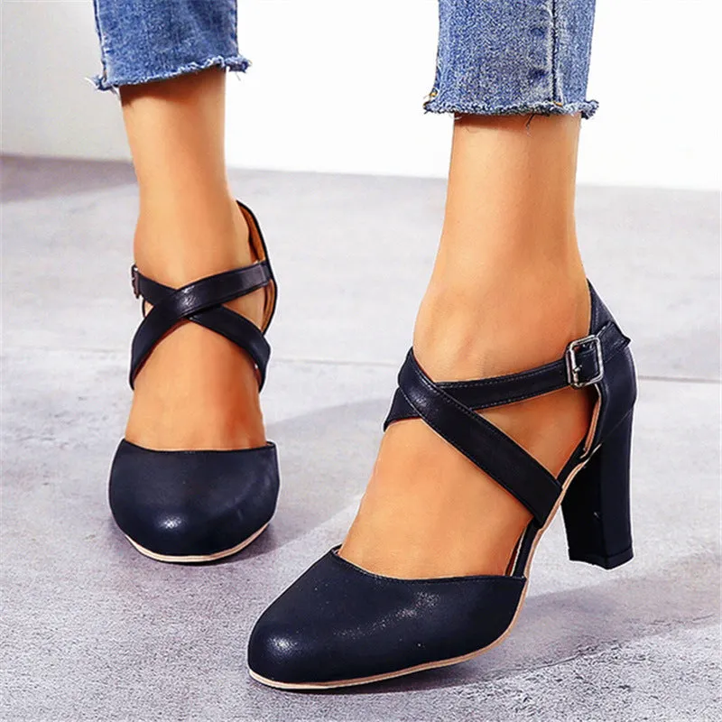Women's round toe ankle criss cross strap chunky pumps summer cloded toe chunky high heels