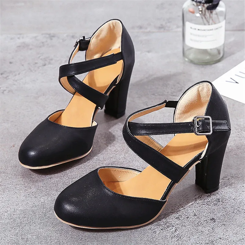Women's round toe ankle criss cross strap chunky pumps summer cloded toe chunky high heels