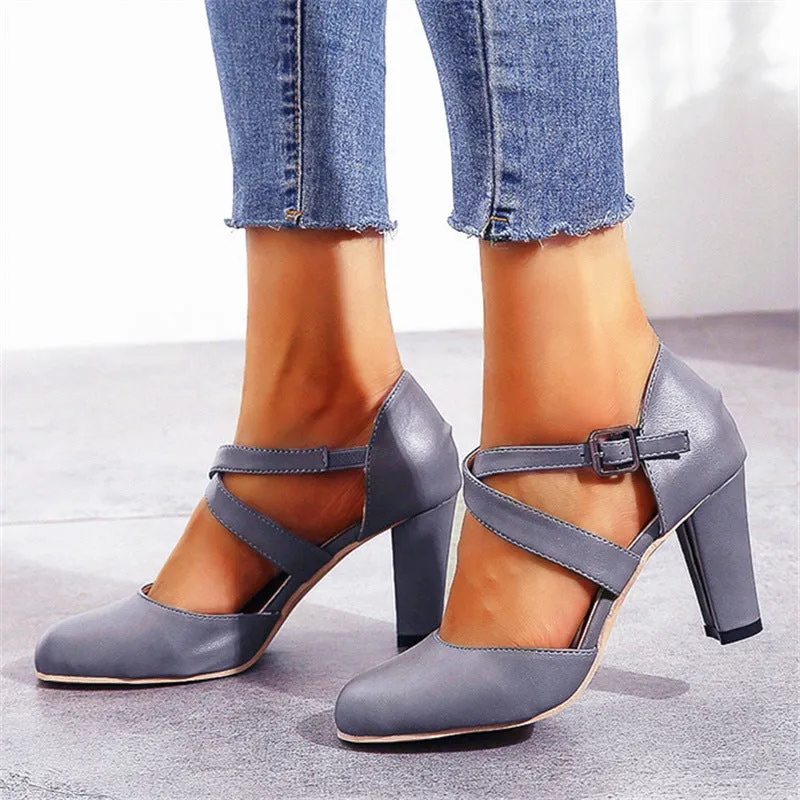 Women's round toe ankle criss cross strap chunky pumps summer cloded toe chunky high heels