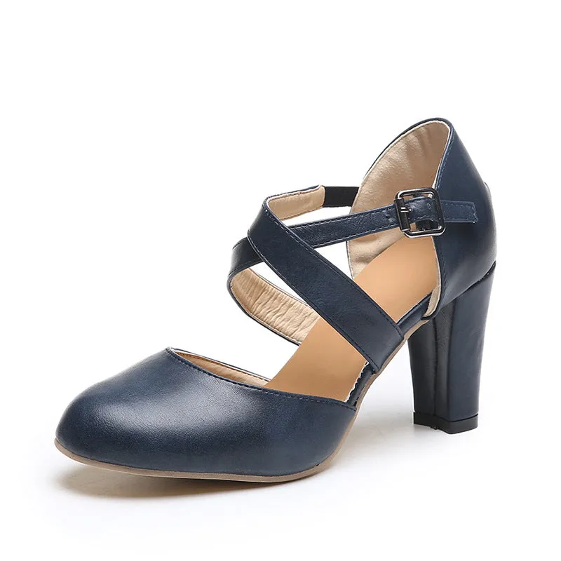 Women's round toe ankle criss cross strap chunky pumps summer cloded toe chunky high heels