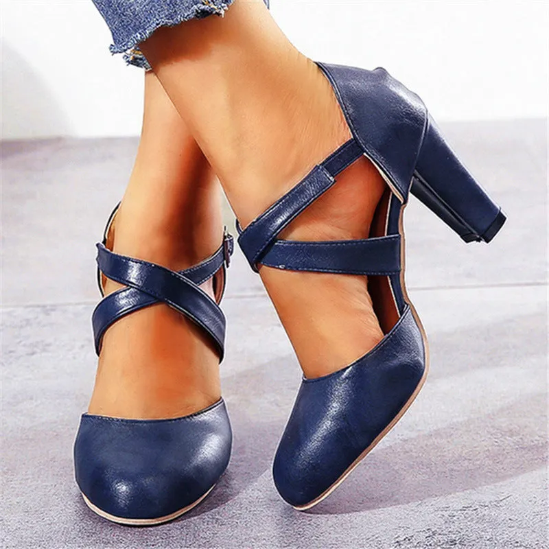 Women's round toe ankle criss cross strap chunky pumps summer cloded toe chunky high heels