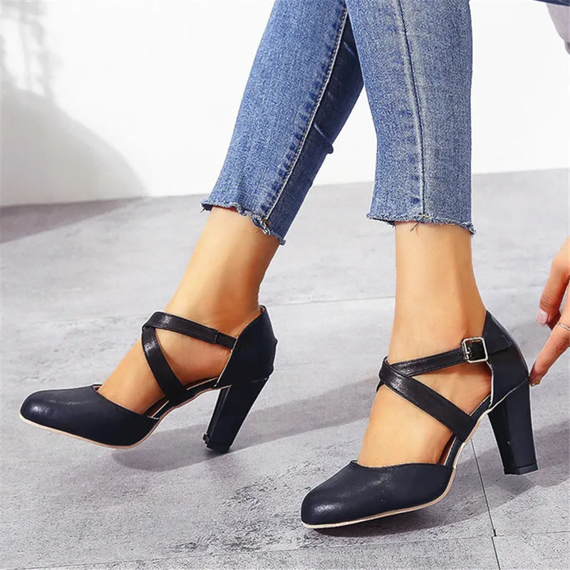 Women's round toe ankle criss cross strap chunky pumps summer cloded toe chunky high heels