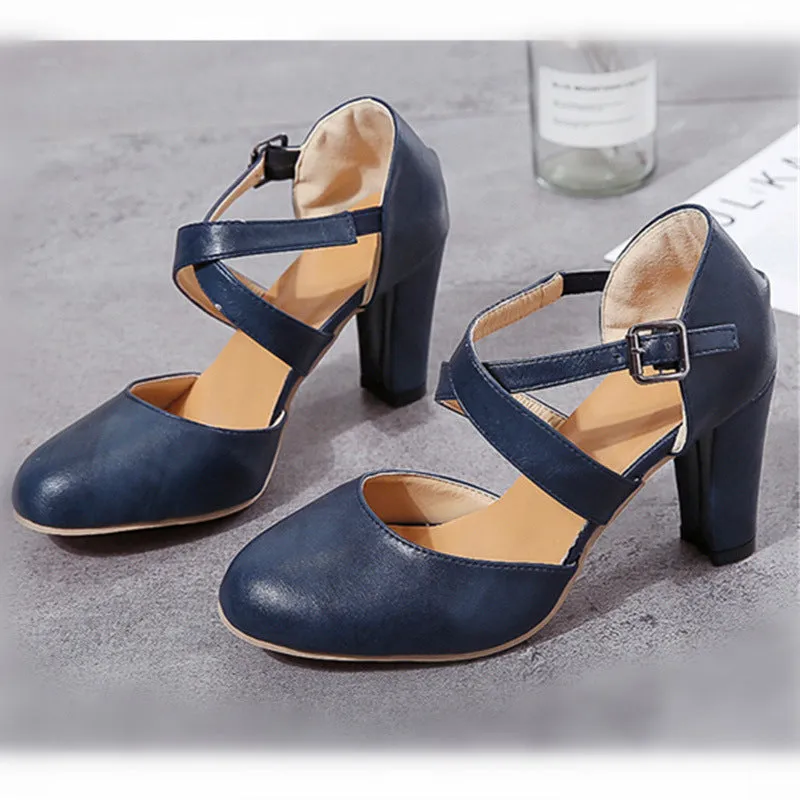 Women's round toe ankle criss cross strap chunky pumps summer cloded toe chunky high heels