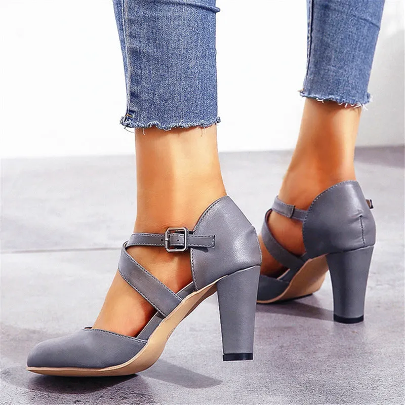 Women's round toe ankle criss cross strap chunky pumps summer cloded toe chunky high heels
