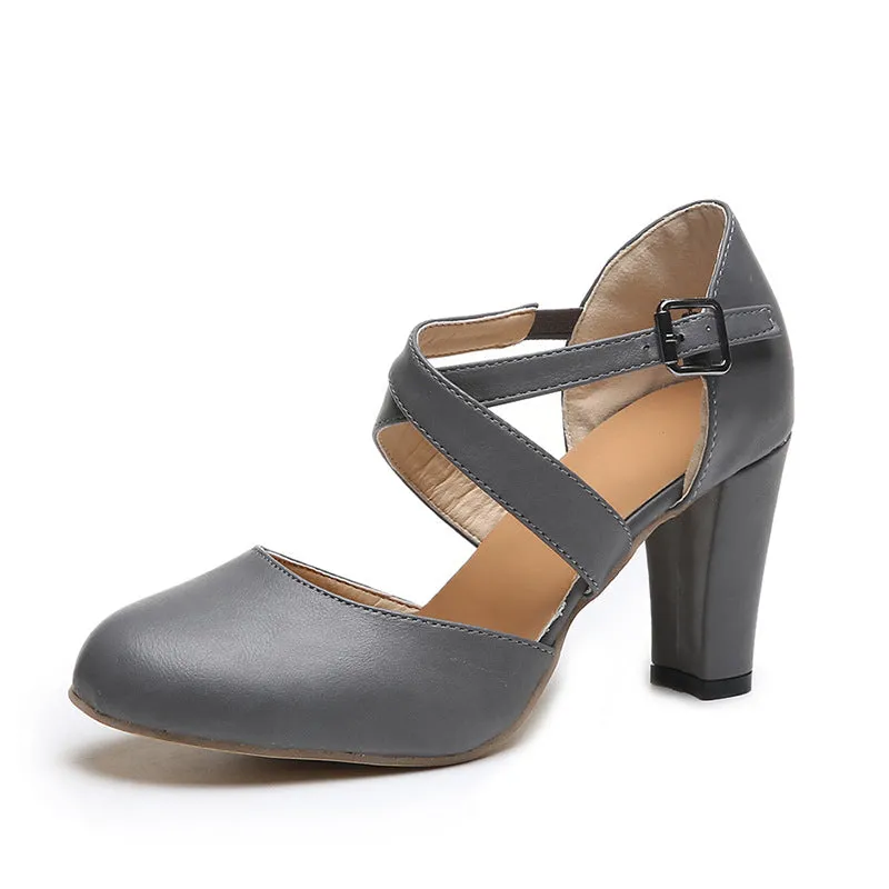 Women's round toe ankle criss cross strap chunky pumps summer cloded toe chunky high heels