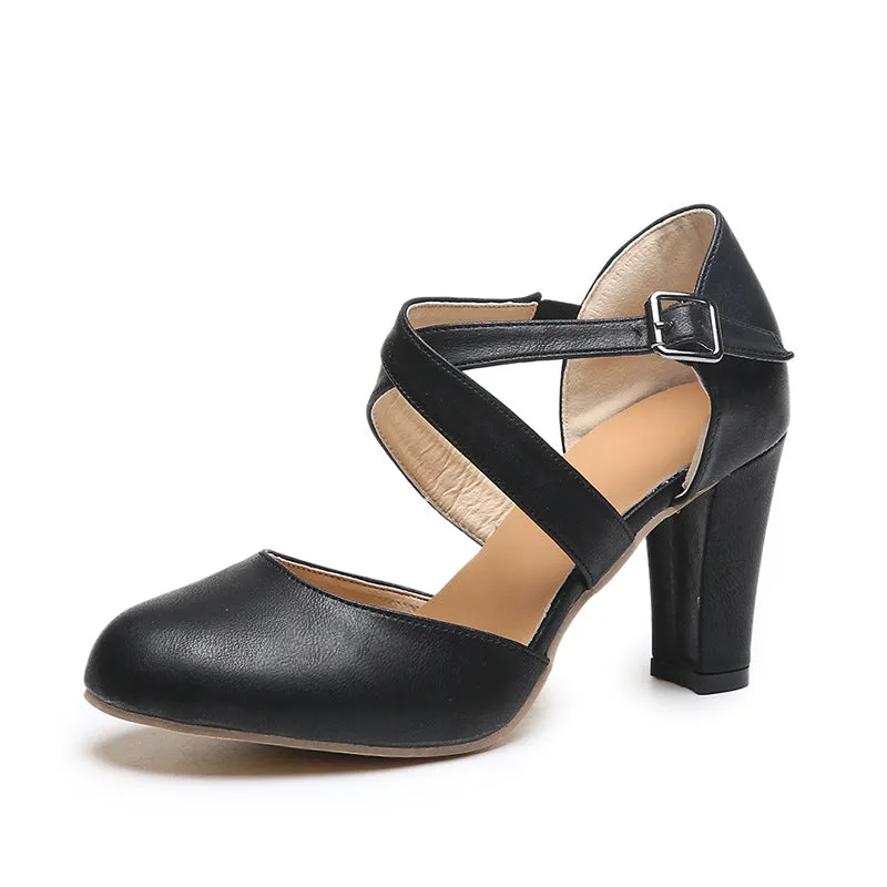 Women's round toe ankle criss cross strap chunky pumps summer cloded toe chunky high heels