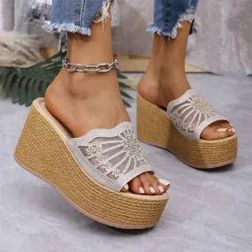 Women's Wedge Heel Gauze Rhinestone Comfortable Non-Slip Sandals 63710691C