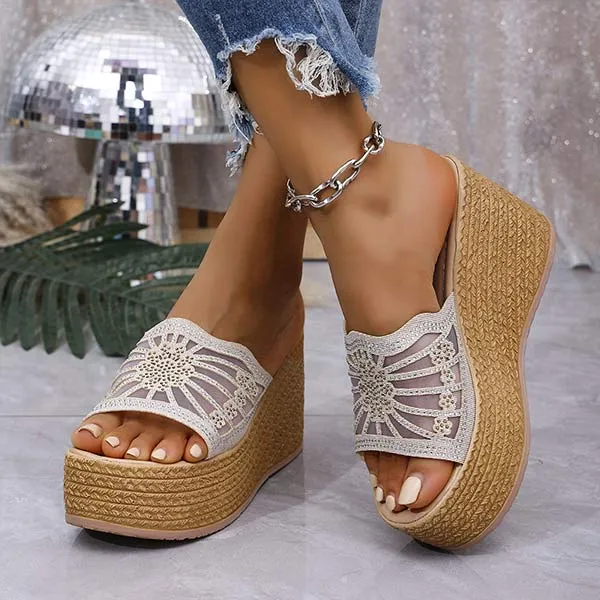 Women's Wedge Heel Gauze Rhinestone Comfortable Non-Slip Sandals 63710691C
