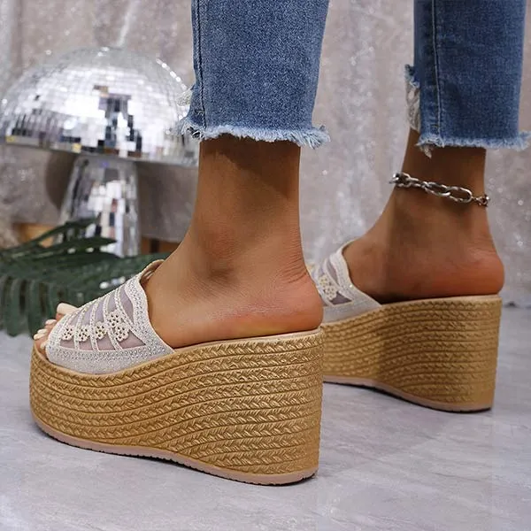 Women's Wedge Heel Gauze Rhinestone Comfortable Non-Slip Sandals 63710691C