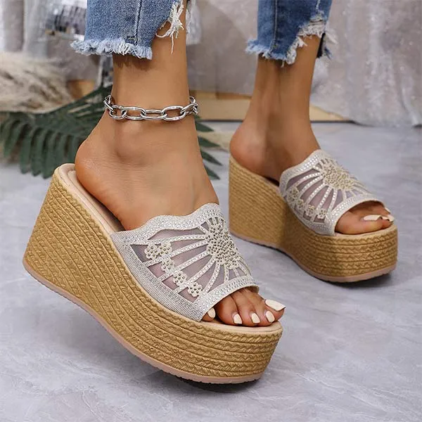 Women's Wedge Heel Gauze Rhinestone Comfortable Non-Slip Sandals 63710691C